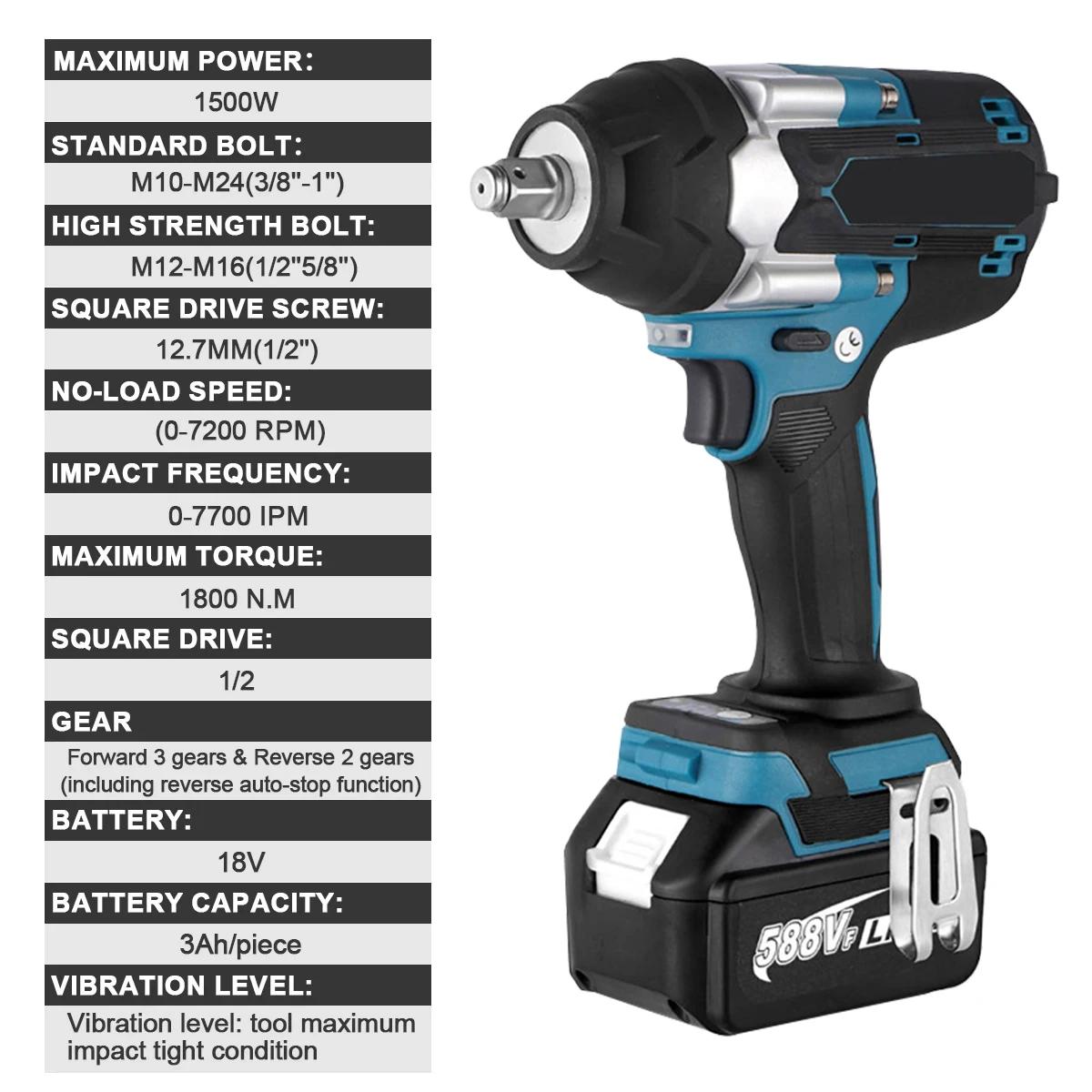 Clé à chocs sans balais 1800 N.m pour batterie Makita 21V, 7200 tr/min, outil de démontage pour l'en
