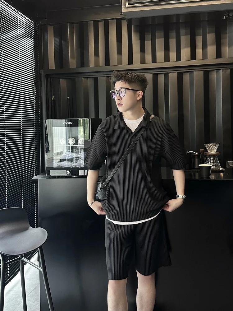 Polo plissé japonais Miyake pour homme, décontracté, ample, col à revers, manches courtes, haut quot