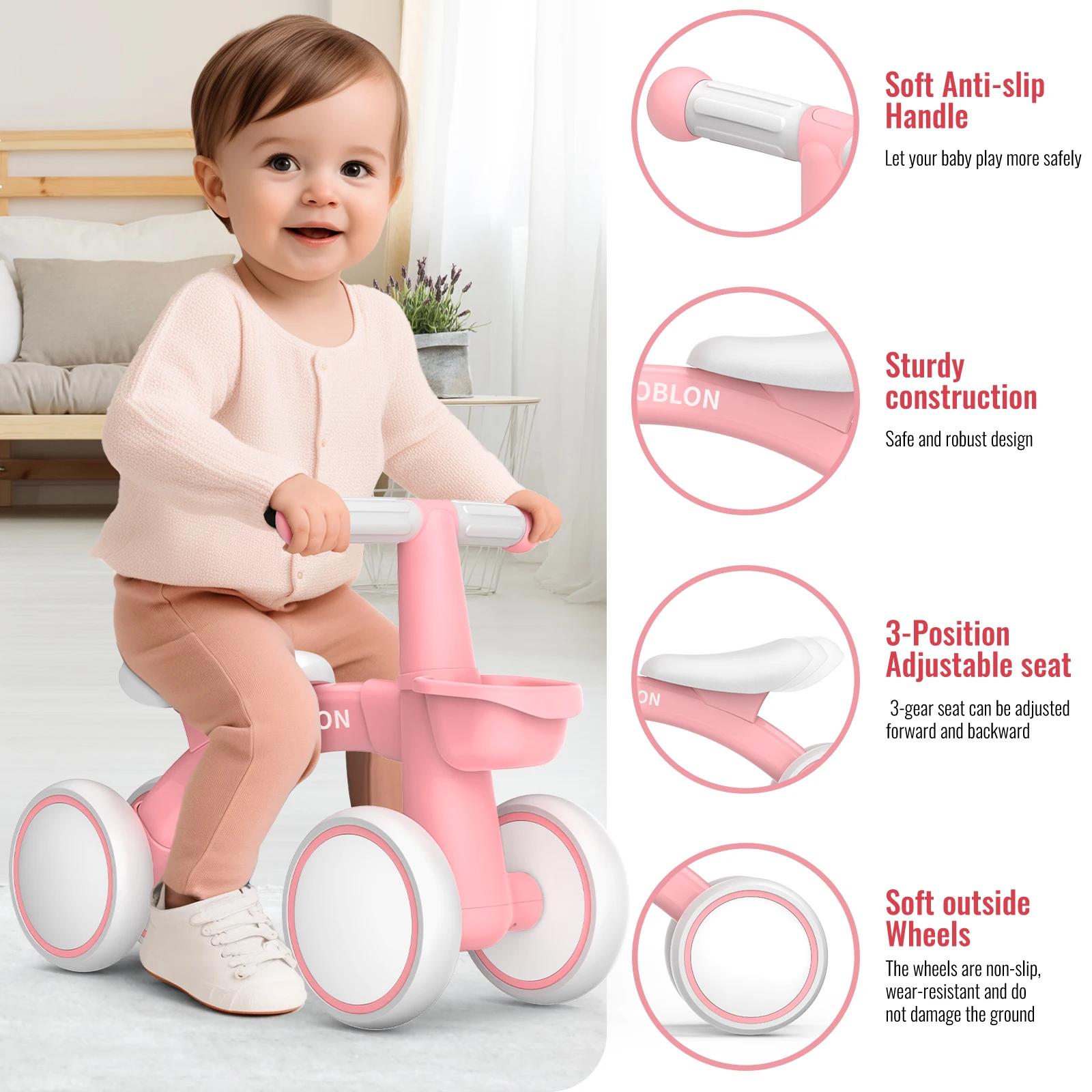 Draisienne 4 roues réglable pour bébé 12-24 mois - Portable avec panier amovible et poignée antidérapante