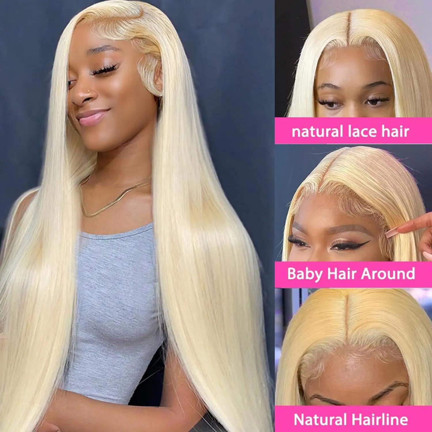 Perruque Lace Front Wig sans colle naturelle, cheveux lisses, blond 613, 13x4 HD, 30 pouces, 613