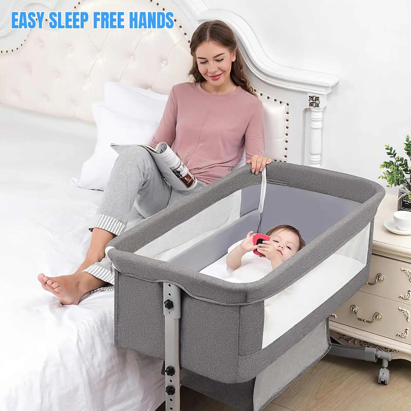 Lit d'appoint, berceau 3-en-1 à grande courbure, lit réglable et stable avec roulettes mobiles, équi