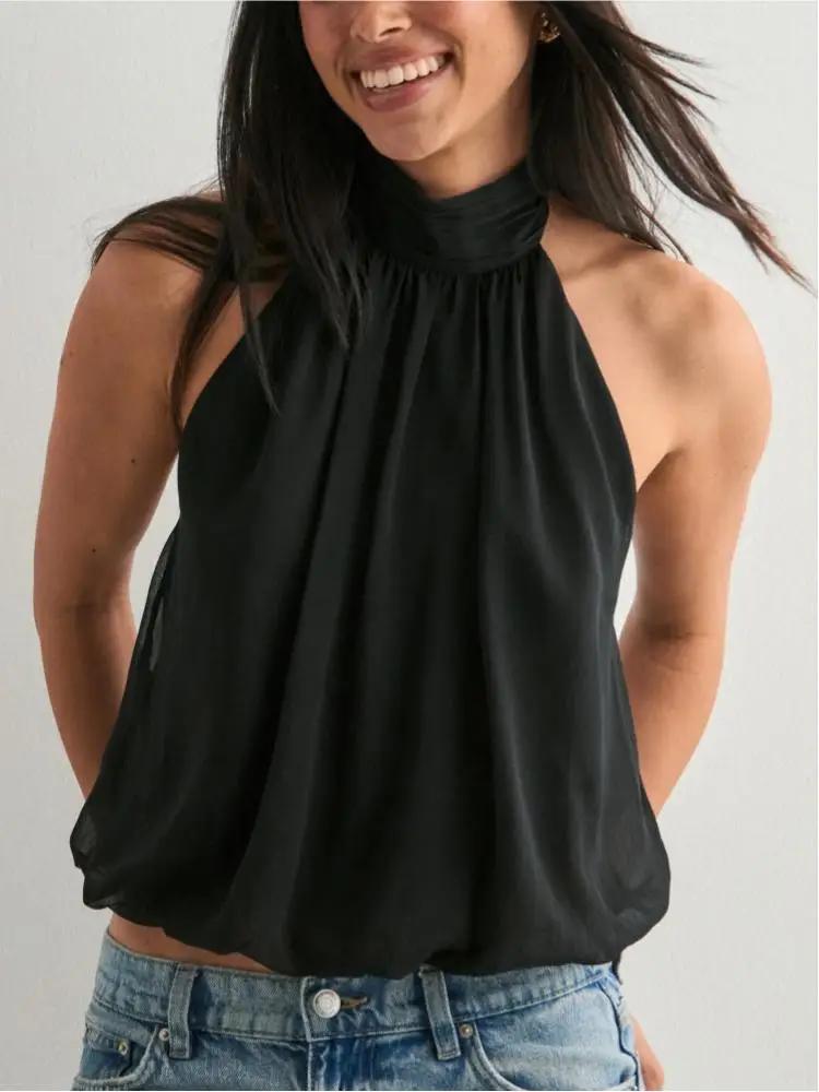 Haut élégant pour femmes, col licou, dos nu, couleur unie, haut sexy à épaules dénudées, haut pour s