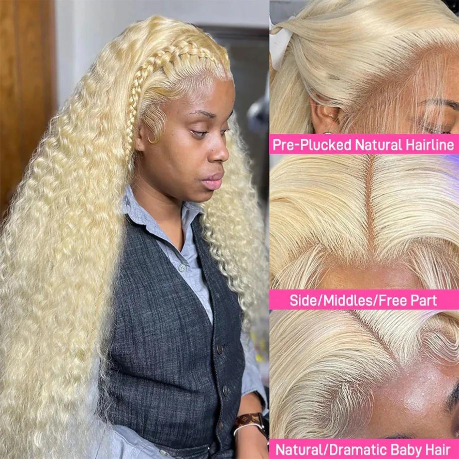 Perruque Deep Wave Lace Front Wig naturelle bouclée, cheveux humains, couleur blonde 613 HD, 13x6, 1