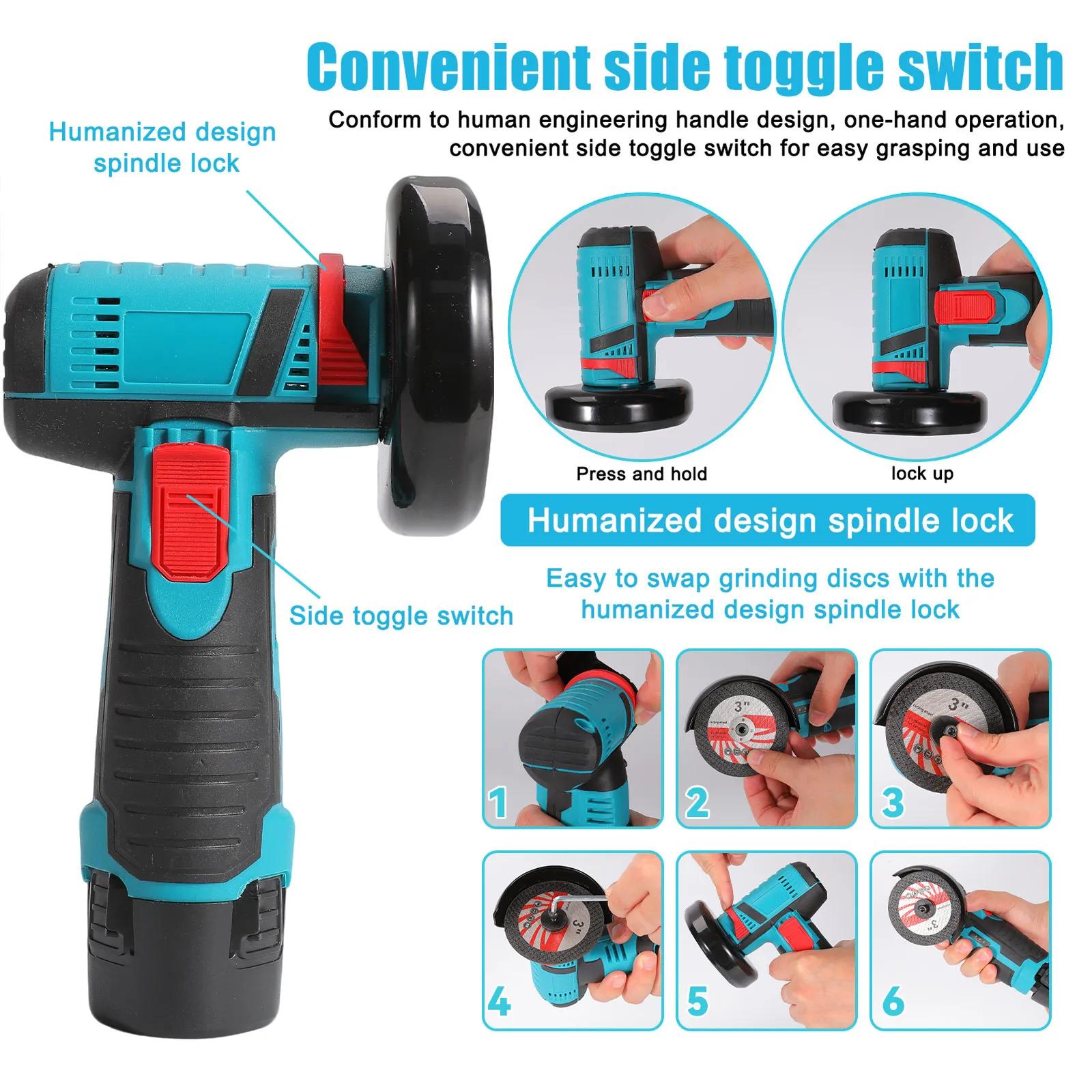 Mini-meuleuse d'angle 12V au lithium-ion, outil de meulage, vitesse de coupe 19500 tr/min, protectio