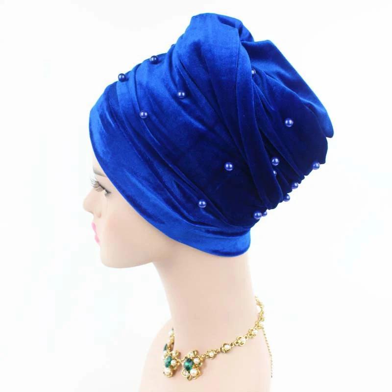 Écharpe turban en velours chaud pour femme, écharpe de sauna à perles, bonnet, chapeau africain et i