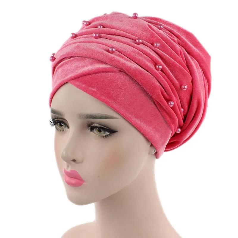 Écharpe turban en velours chaud pour femme, écharpe de sauna à perles, bonnet, chapeau africain et i