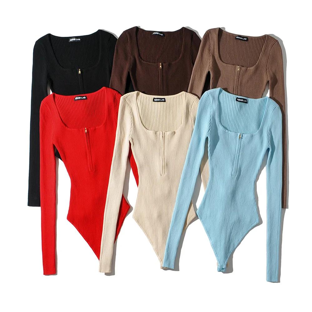 Body à Manches sulfet Col Carré pour Femme, Streetwear Sexy, Moulant, Fermeture Éclair, Noir, Tenues