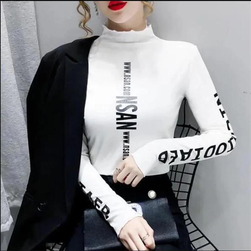 T-shirt à col mi-haut élastique pour Femme, haut chaud avec lettres imprimées, Streetwear, automne h