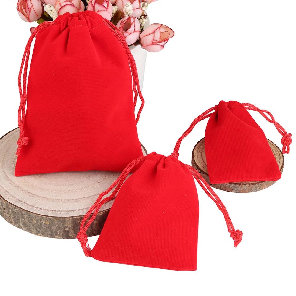 Sac cadeau en velours avec bord de couleur dorée, 25/50 pièces/lot, 5x7 7x9 9x12cm, sac d'emballage 