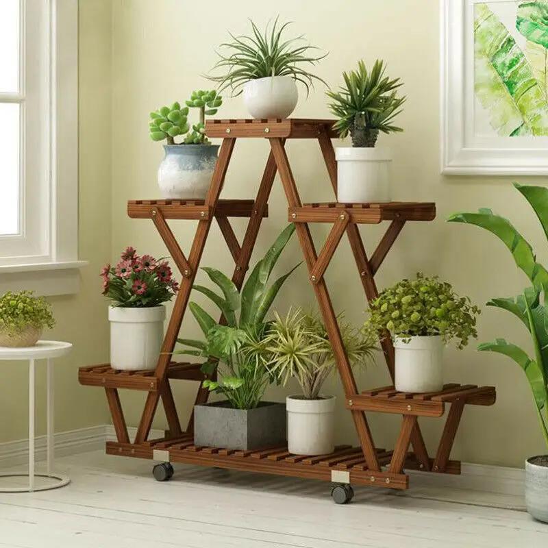 Étagère triangulaire pour plantes, 6 pots en bois carbonisé, support pour pots de fleurs, présentoir