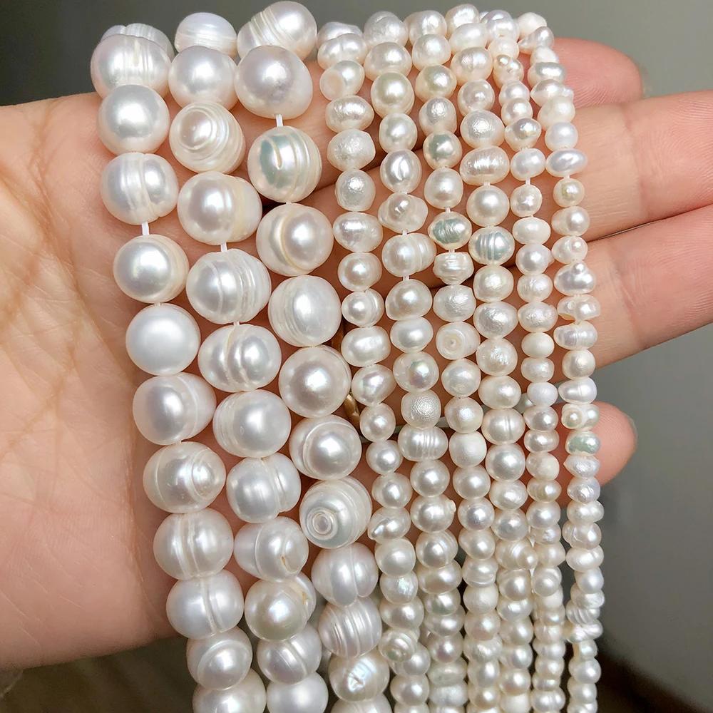 Perles d'eau douce blanches naturelles, perles de culture rondes irrégulières pour bricolage de femm