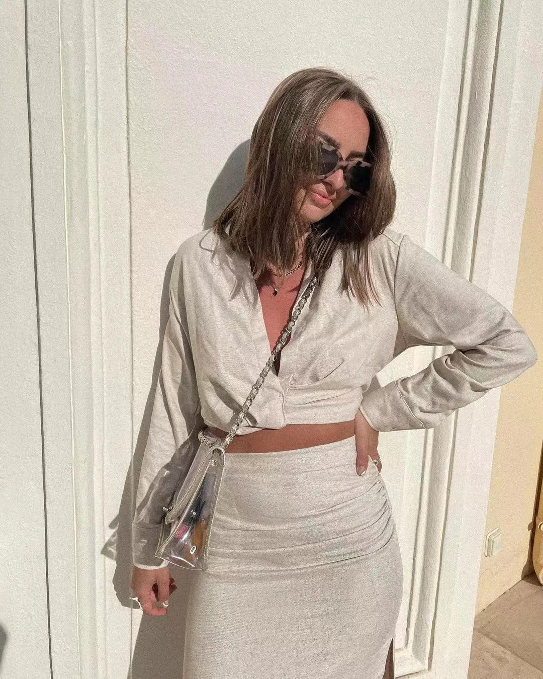 Chemise courte à manches longues et col rabattu pour femme, jupe décontractée fendue sur le côté, de