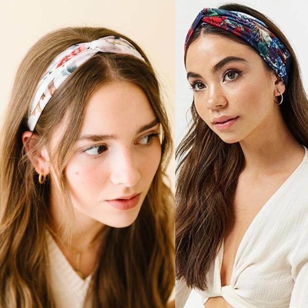 Mode femmes filles été bohème bandes de cheveux imprimer bandeaux Vintage croix Turban pansement Ban