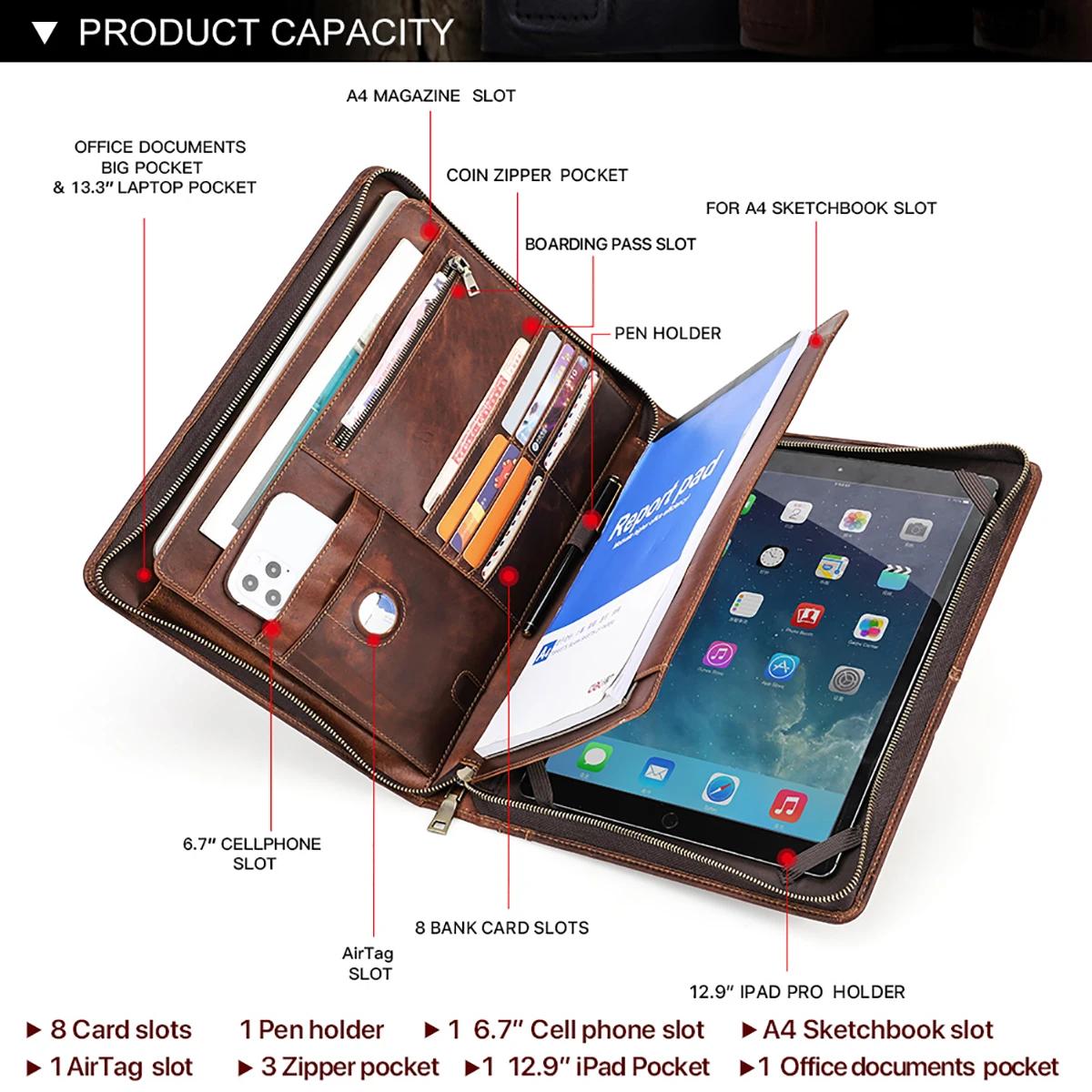 Étui Bombe en Cuir de Vache pour Macbook Pro Air 13, iPad Pro 13 12.9, Portefeuille, Dossier de Fich