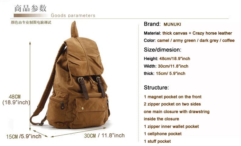 Sac à dos militaire en cuir vintage pour hommes et femmes, sac d'école en toile, sac à dos avec cord