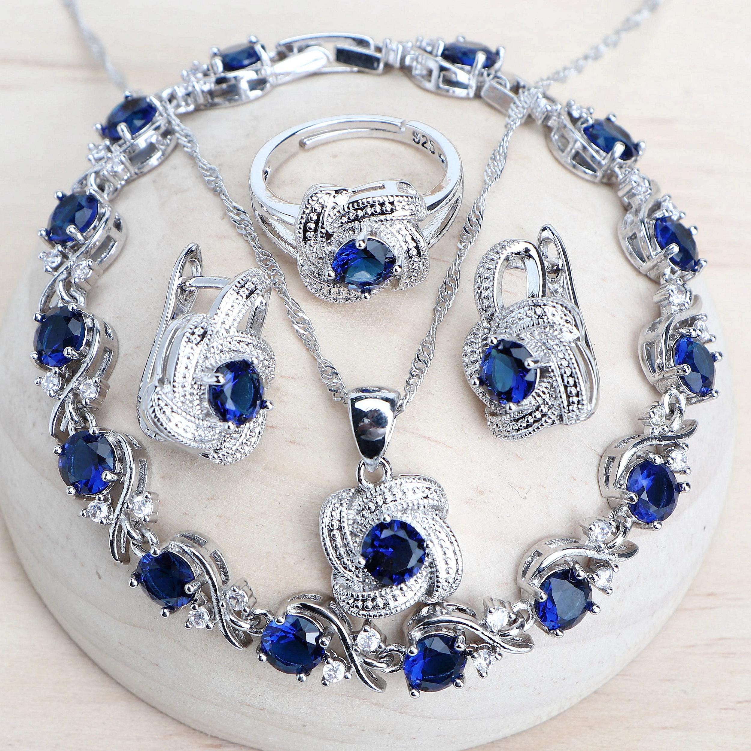 Ensembles de bijoux en zircon bleu pour femmes, en argent Sterling 925, Costume de mariage, bijoux, 