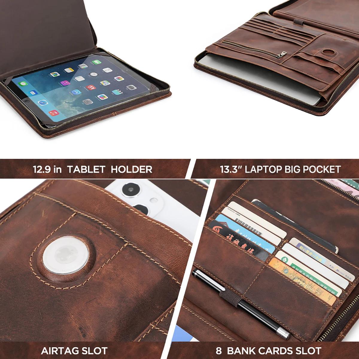 Étui Bombe en Cuir de Vache pour Macbook Pro Air 13, iPad Pro 13 12.9, Portefeuille, Dossier de Fich