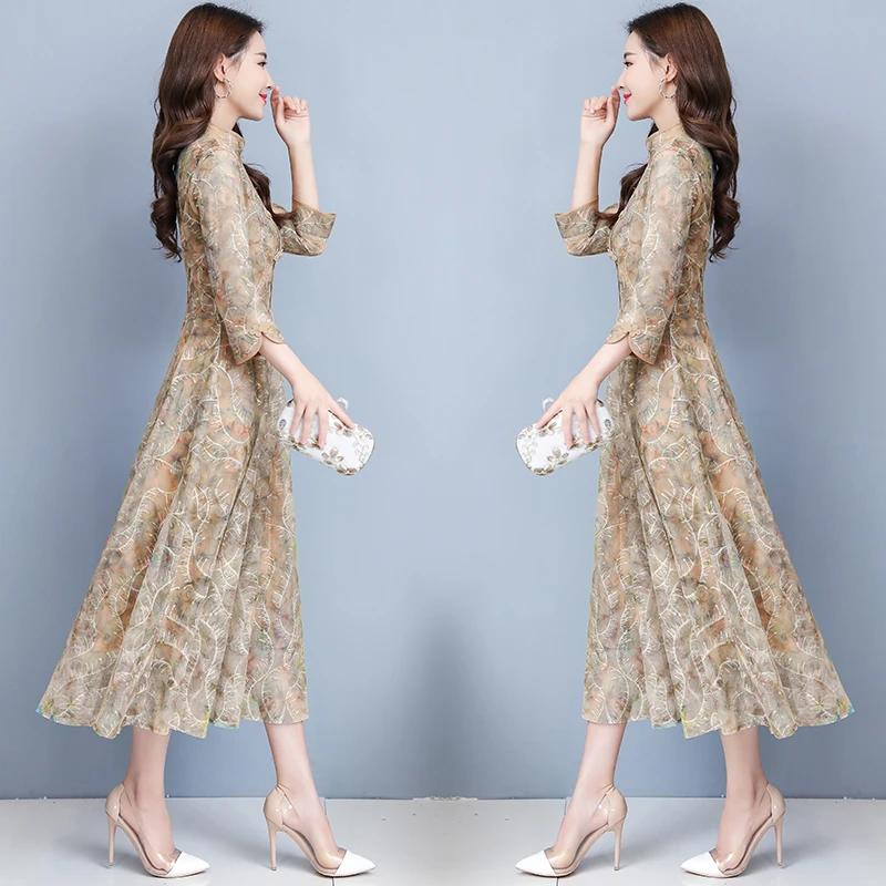 Robe mi-longue en dentelle à manches longues pour femmes, robe de soirée sexy, batterie avec piste d