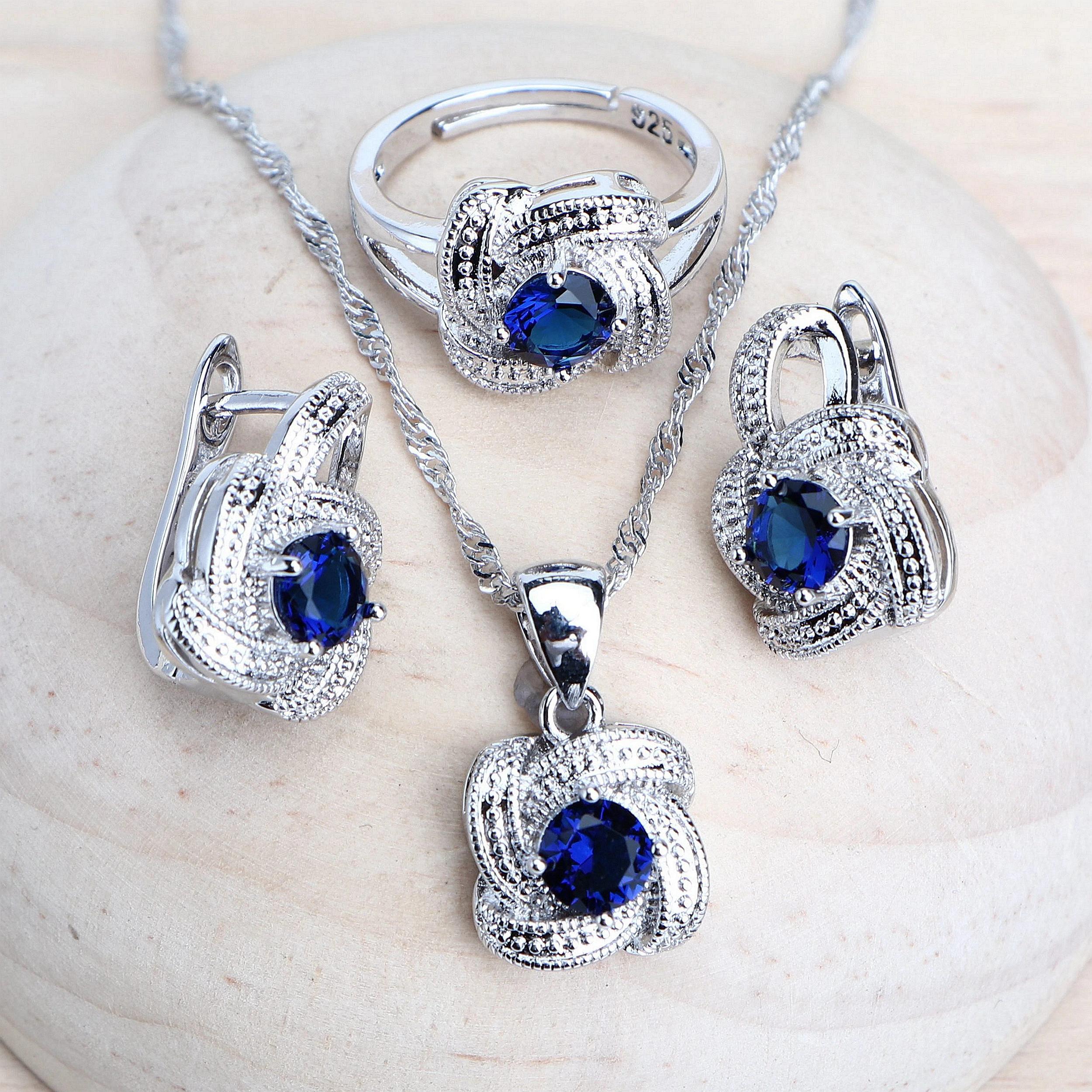 Ensembles de bijoux en zircon bleu pour femmes, en argent Sterling 925, Costume de mariage, bijoux, 