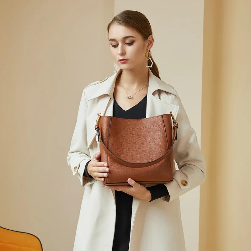 Zency nouveau cuir véritable décontracté Shopper sac à bandoulière banlieue grand seau sac à main Si