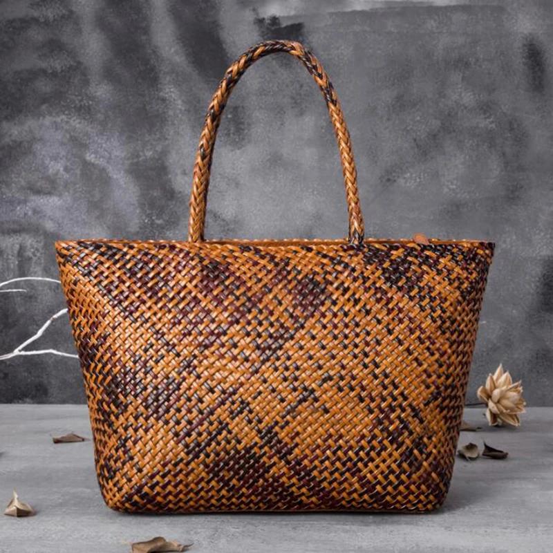 Sac à main en cuir pour femme, grand sac fourre-tout romantique tissé à la main, sac seau en cuir de