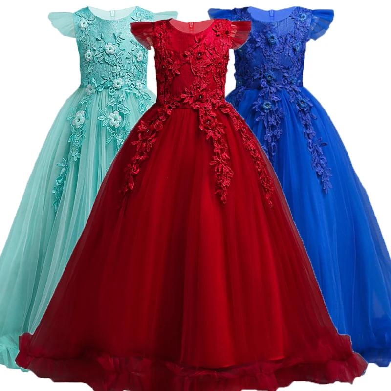 Robes longues en dentelle florale pour filles de 4 à 15 ans, tenue formelle sans manches, Costume de