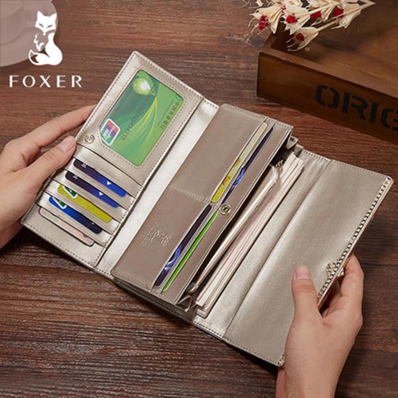 FOXER marque femmes portefeuille Long en cuir fendu dame pochettes de luxe porte-monnaie femme mode 