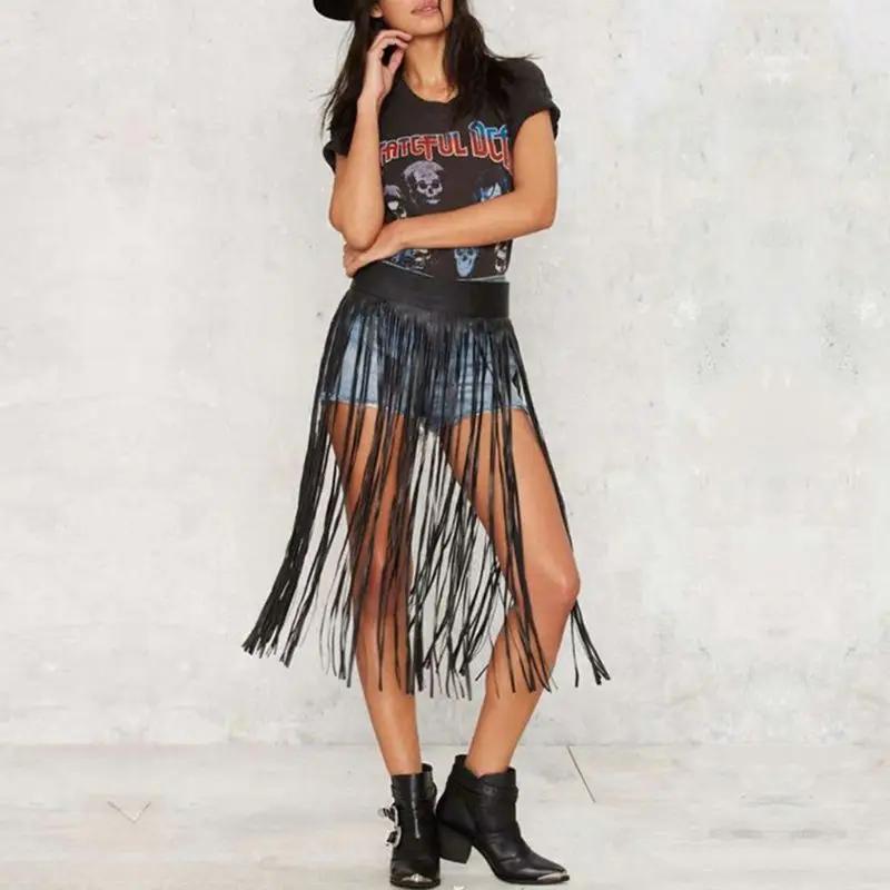 Jupe à franges en Faux pour femmes, taille haute, harnais avec boutons à pression, fête d'halloween,