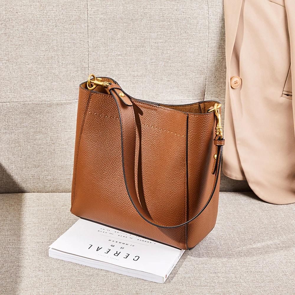 Zency nouveau cuir véritable décontracté Shopper sac à bandoulière banlieue grand seau sac à main Si