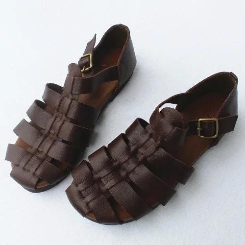 Careaymade-Sandales d'été en cuir de cirhide première couche, chaussures plates japonaises rétro à s
