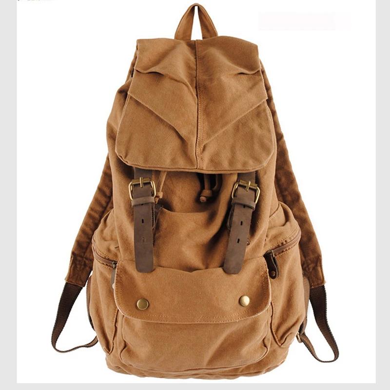 Sac à dos militaire en cuir vintage pour hommes et femmes, sac d'école en toile, sac à dos avec cord