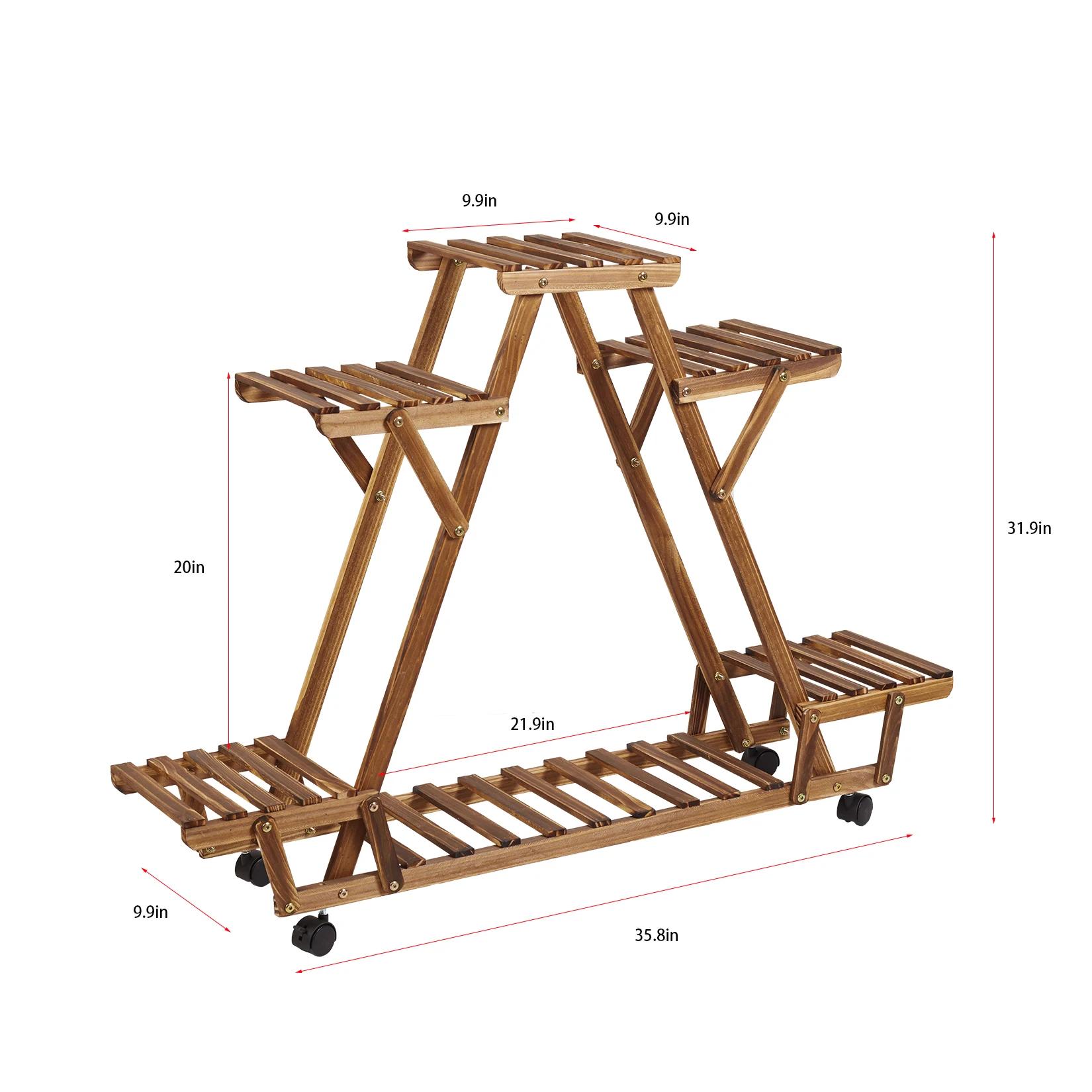 Étagère triangulaire pour plantes, 6 pots en bois carbonisé, support pour pots de fleurs, présentoir