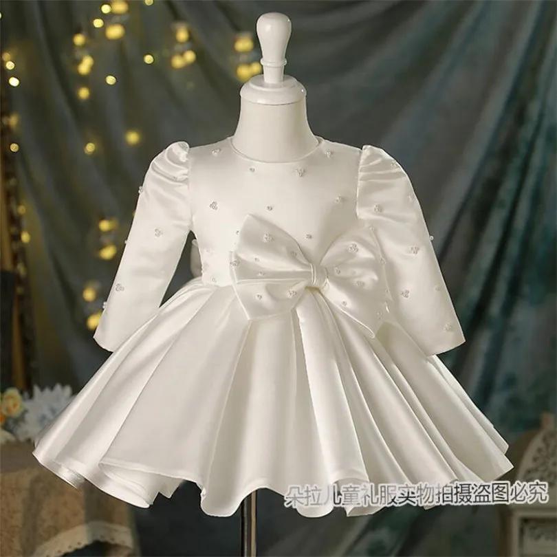 Robe de 1er anniversaire pour bébé fille, tenue de baptême à manches longues avec nœud Tutu, robe de