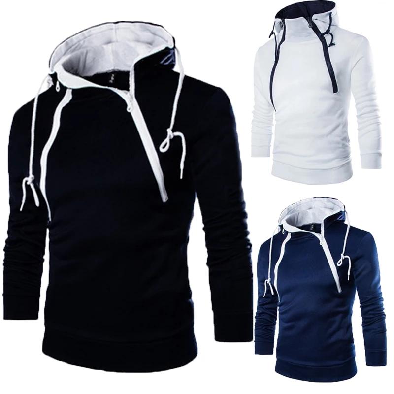Sweat à capuche à manches longues pour homme, pull à col haut avec fermeture éclair, manteau noir