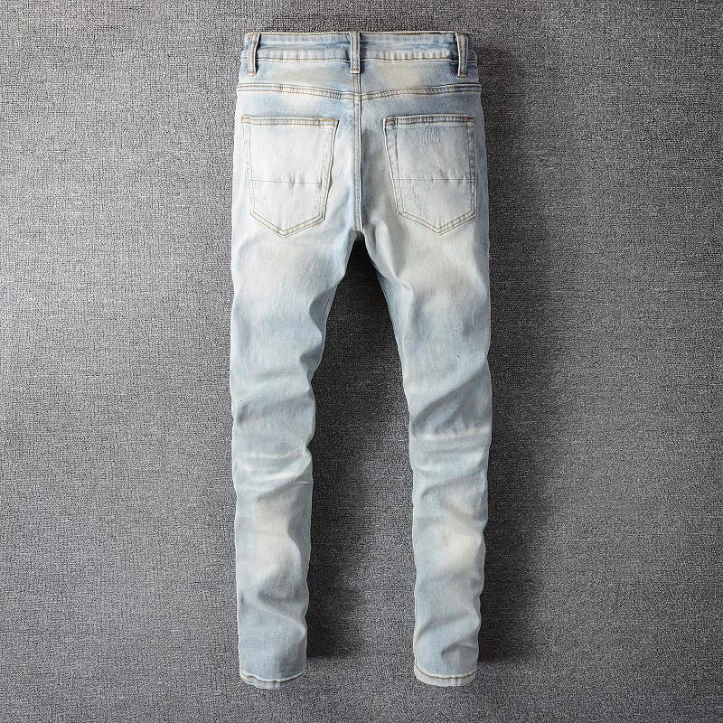 Jean déchiré en Patchwork pour hommes, trous de cristal, Streetwear, Denim bleu clair, Slim, pantalo