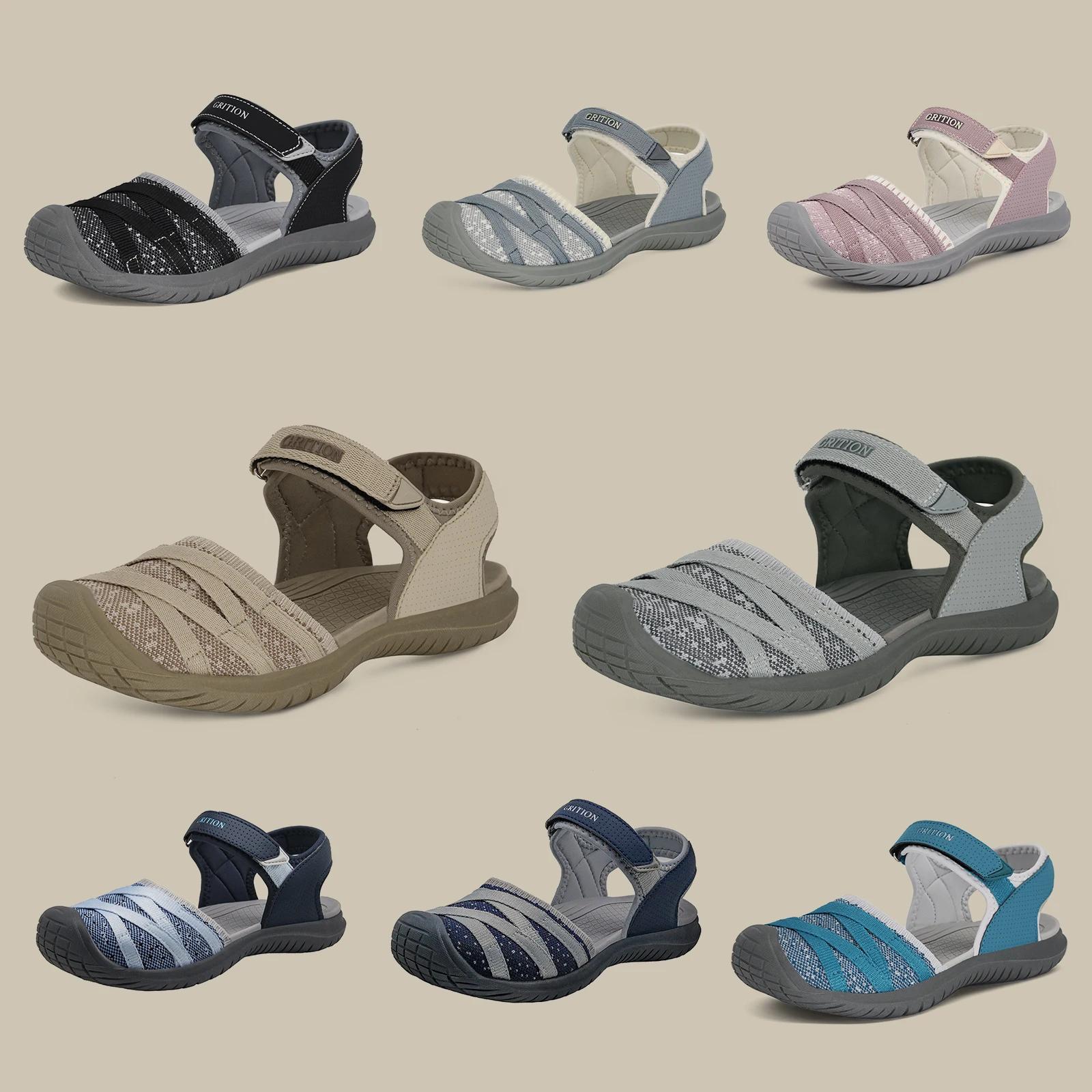 GRITION femmes sandales chaussures de plein air décontractées bout fermé talons plats tissu élastiqu