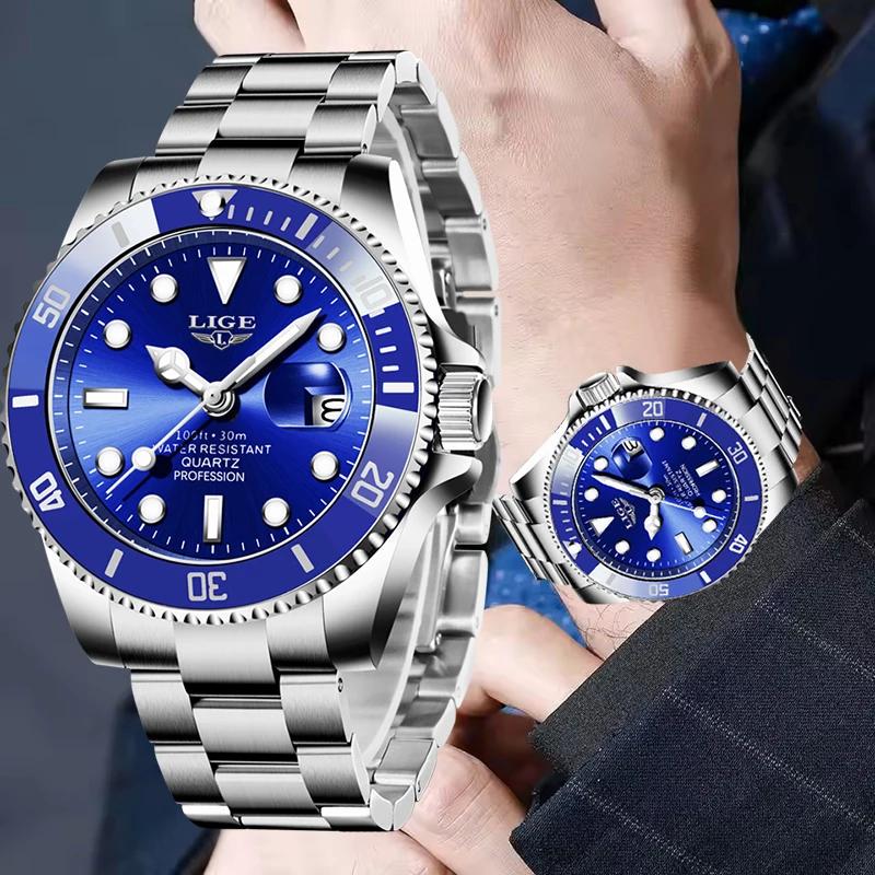 LIGE Top Original hommes montres à Quartz bleu montre étanche pour hommes en acier inoxydable Quartz