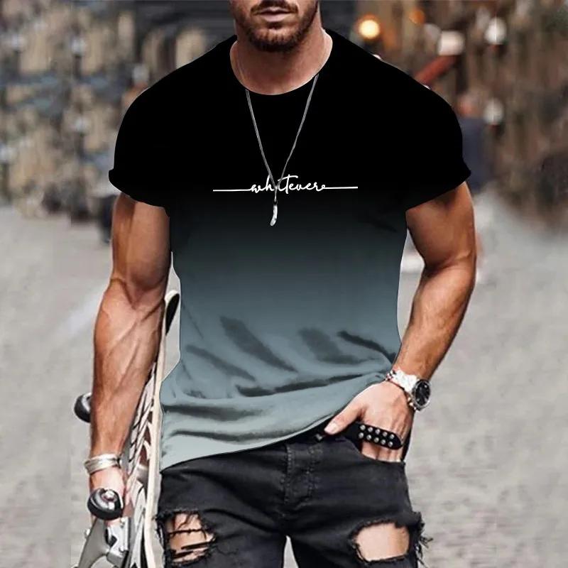 T-shirt col rond pour hommes, confortable et respirant, avec lettres dégradées imprimées, haut tenda