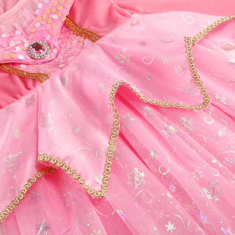 Robe de princesse Aurora pour filles, robe longue en tulle rose à paillettes, couronne, baguette mag