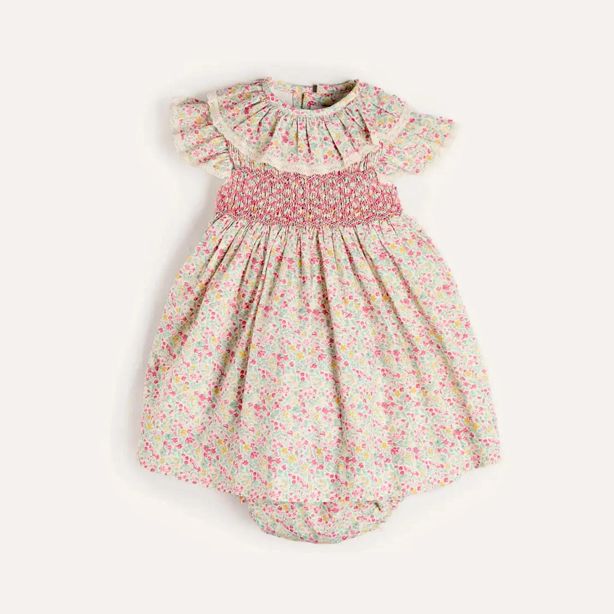 Ensemble 2 pièces pour bébé fille, col à volants smockés à la main, motif floral estival, style vint