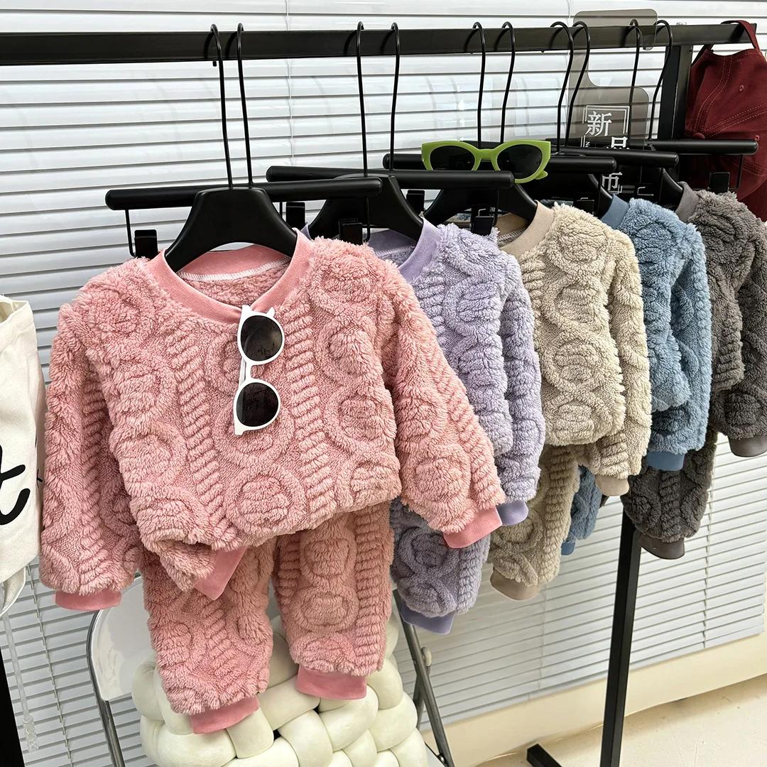 Ensemble pyjama en flanelle pour bébé, automne et hiver, style coréen, en peluche épaisse, vêtements