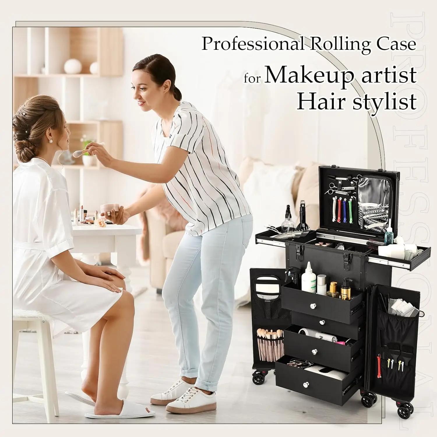 Trousse de maquillage professionnelle à roulettes, 4 tiroirs, étui de Train cosmétique pour coiffeur