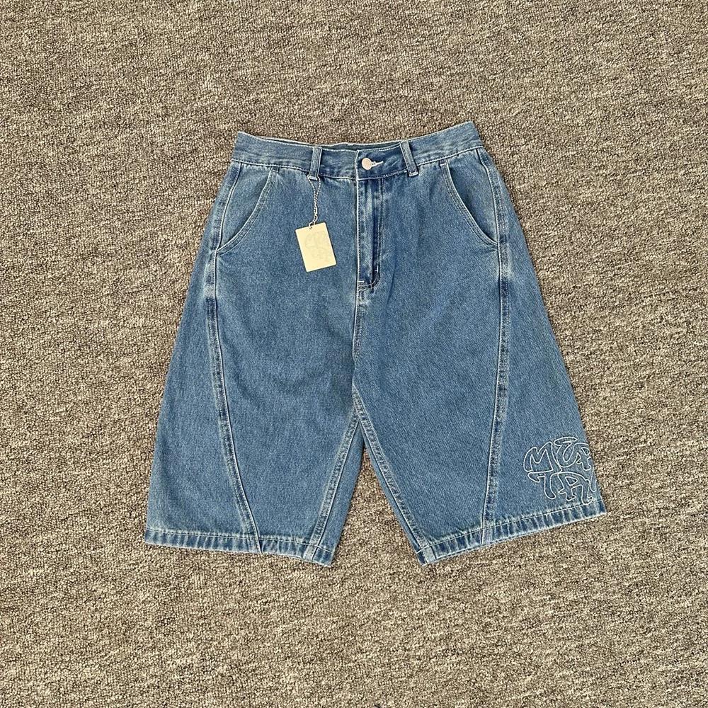 Short en Denim pour hommes, Streetwear, avec lettres brodées, droit, bleu délavé, Baggy, longueur au