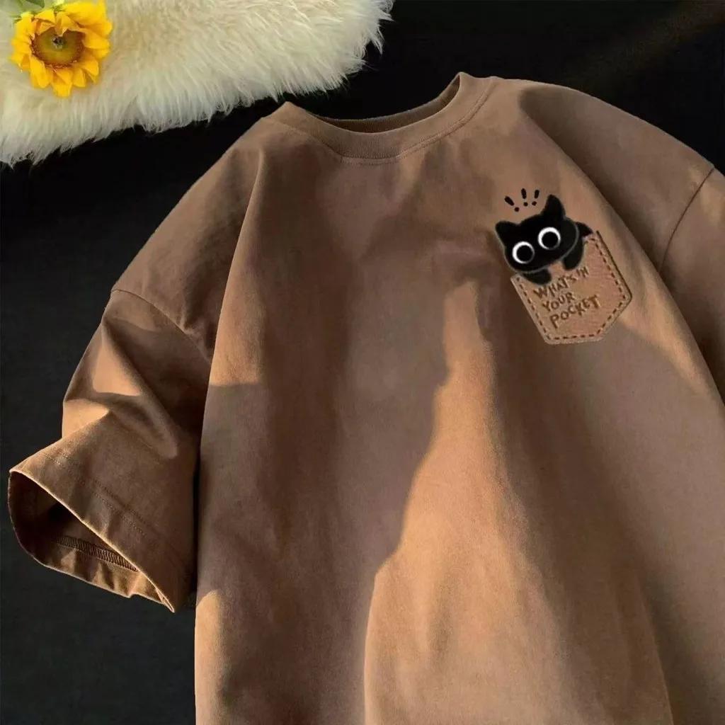 T-shirt décontracté à manches courtes style japonais-coréen, coupe ample, pour couple, motif dessin 