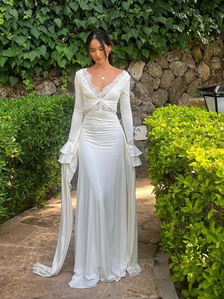 Robe longue en dentelle pour femmes, drapée, froncée, ajourée, Patchwork, col en V, manches longues,