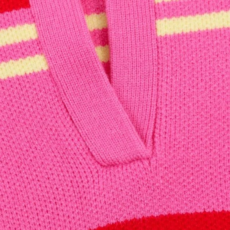 Pull en maille rayé rose et rouge - Haut ample à col rabattu et manches longues pour femme, tenue dé