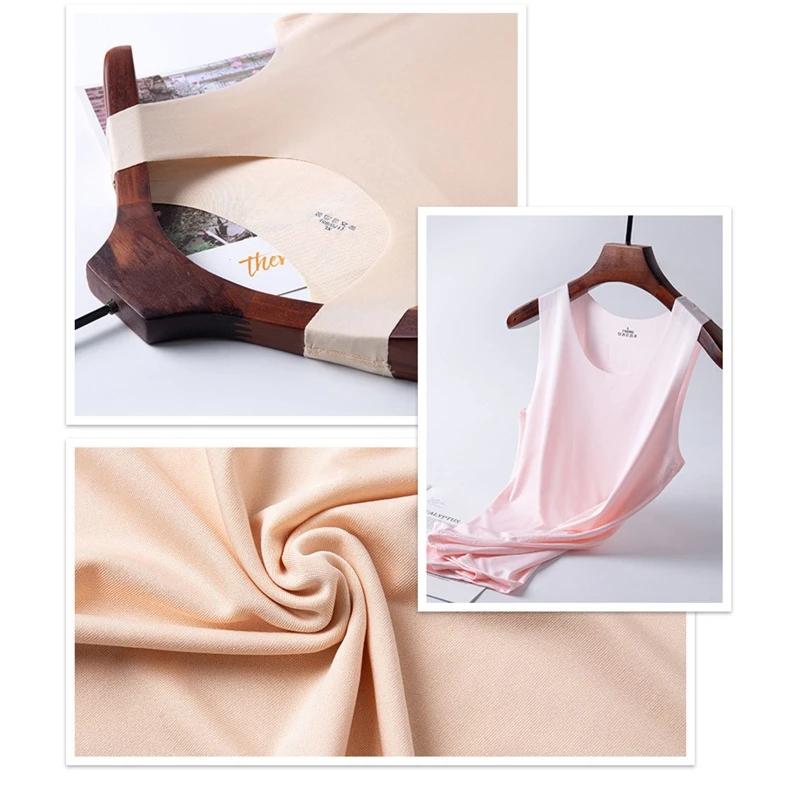 Débardeur sans couture en soie glacée pour femmes, maillot de corps simple, col rond, sans manches, 