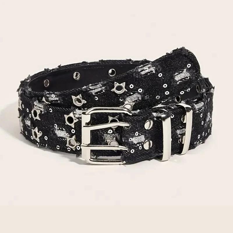 Ceinture de luxe en Denim bleu, accessoires Punk noirs, nouvelle mode, HipHop Y2k, étoile ajourée, b