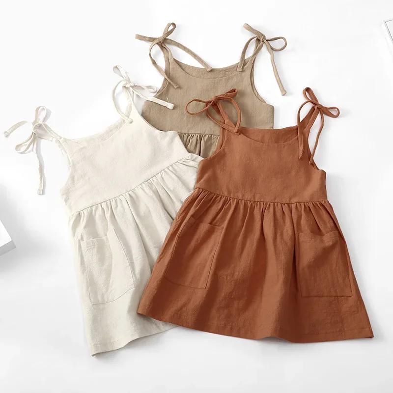 Robe d'été en coton solide pour petites filles, sans manches, pour enfants, vêtements à la mode pour
