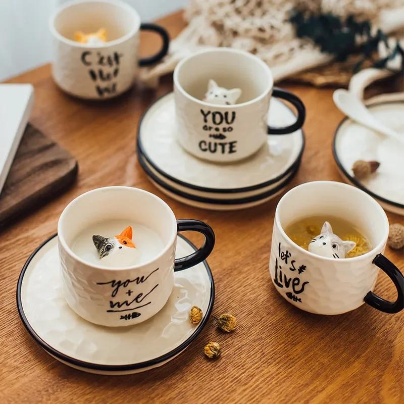 Tasse à griffes de chat en céramique, chaton mignon, fond de tasse d'eau animale, tasse de chat, tas